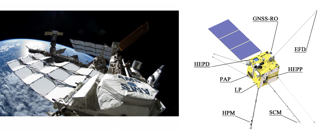 Sinistra: lo strumento AMS-02 a bordo della ISS - Destra: il   satellite  CSES/Limadou con il rivelatore HEPD alloggiato a bordo
